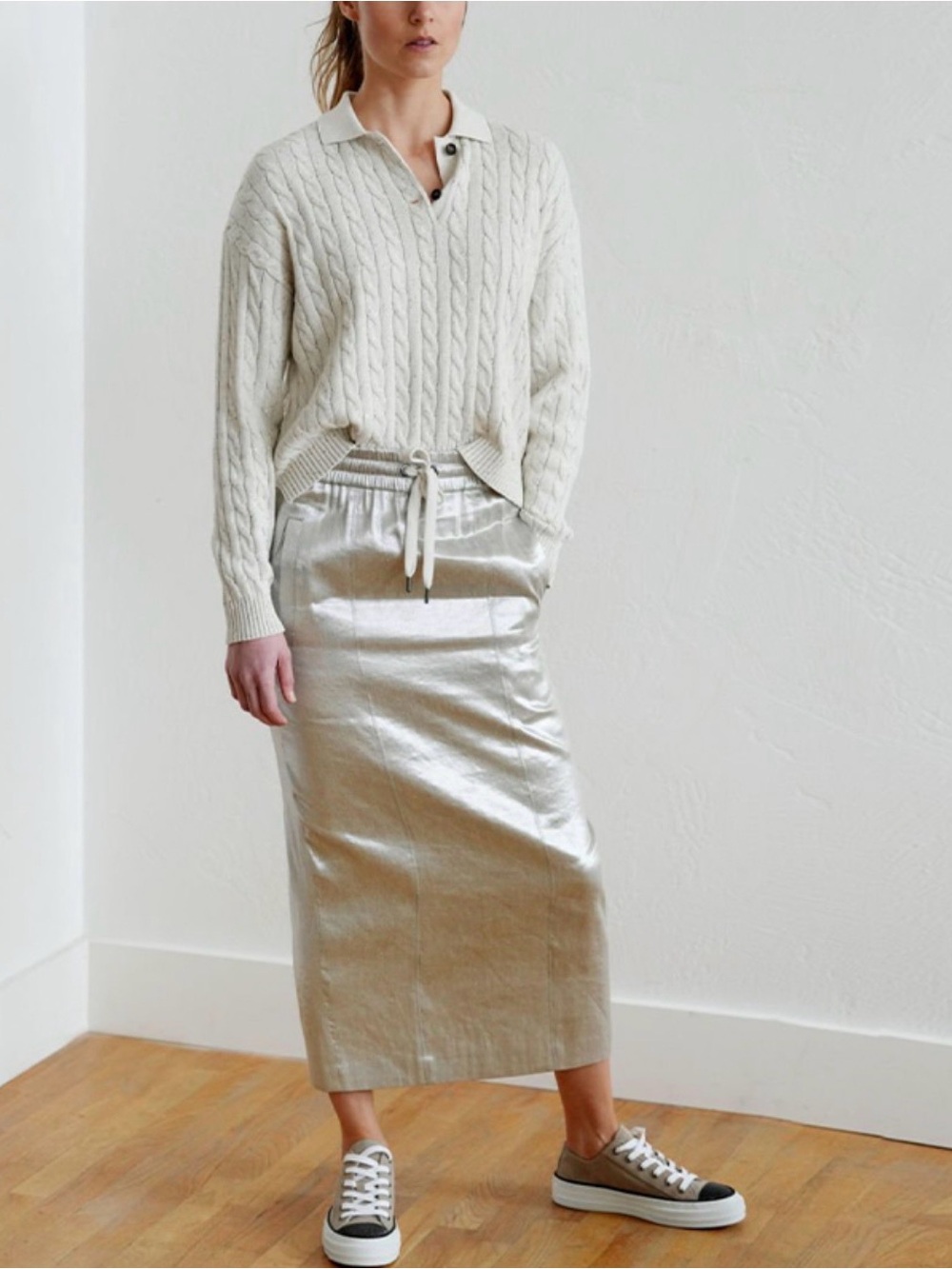 Brunello Cucinelli Metallic Silver Midi Skirt